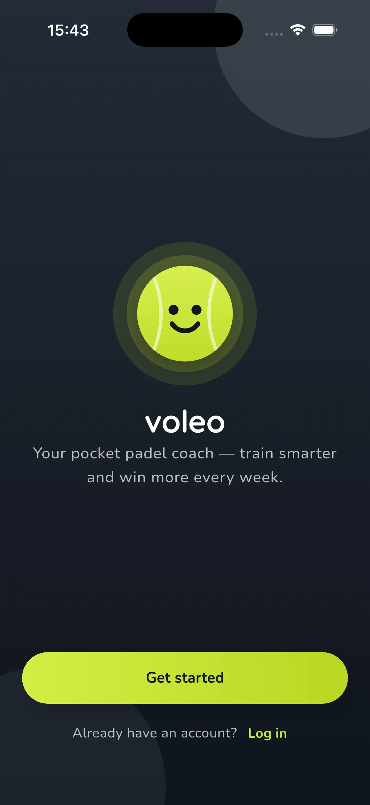 Voleo welcome screen: a glowing smiling padel-ball mascot above the tagline “Your pocket padel coach — train smarter and win more every week.” and a Get started button.