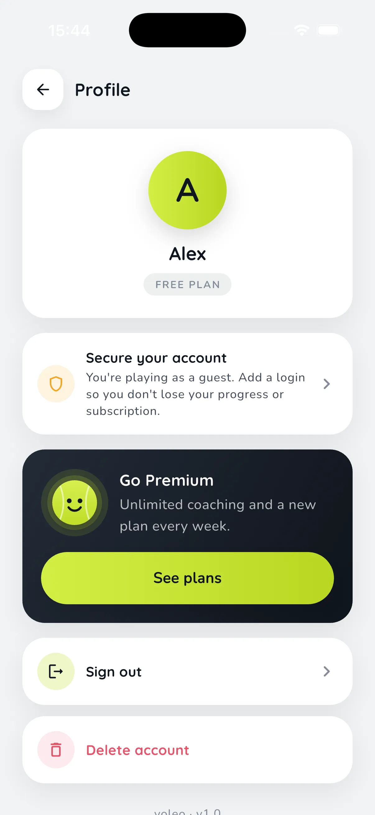 Voleo profile screen showing the free plan and a Go Premium card: unlimited coaching and a new plan every week.